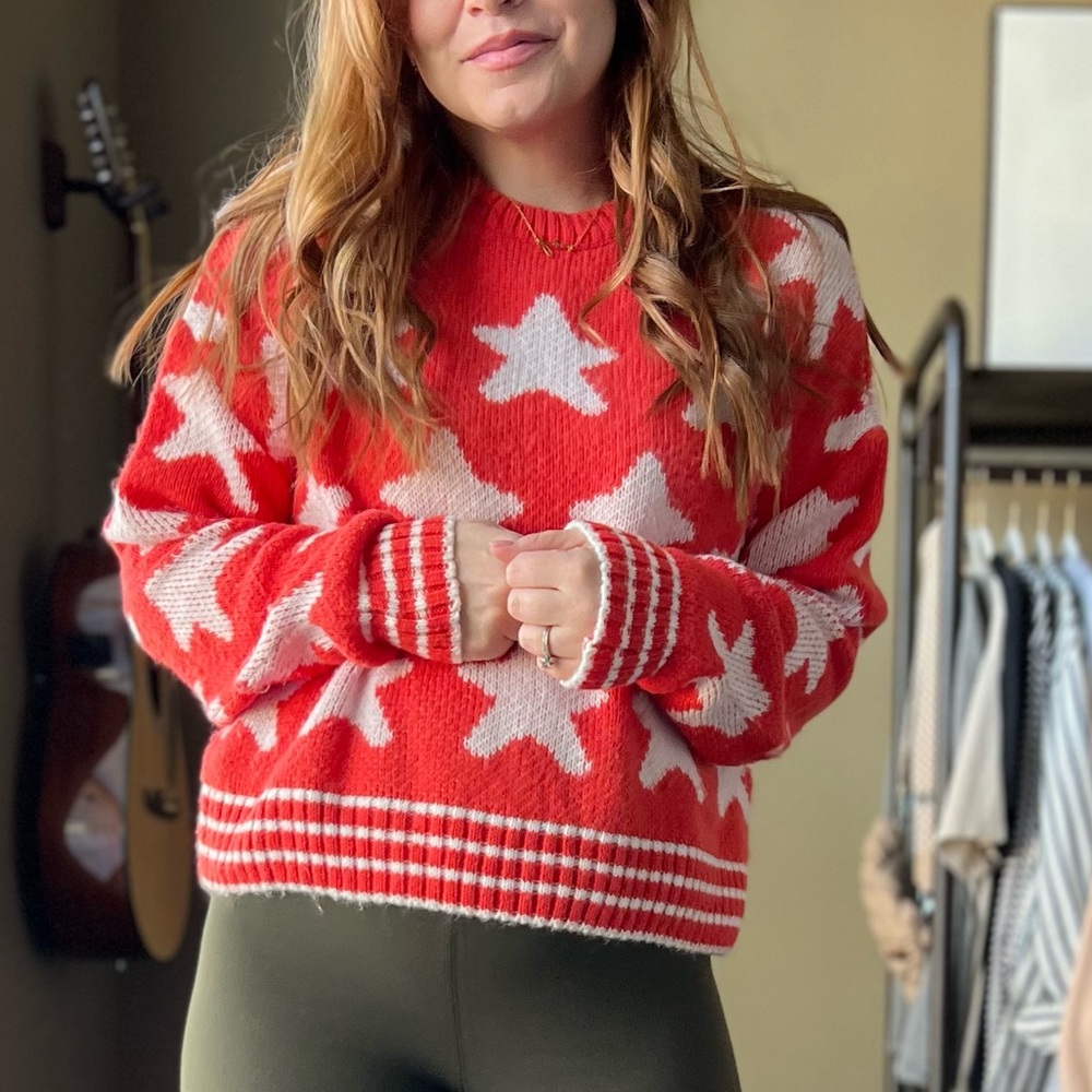 Asos star print sweater in red and white with stripe accent size 6
